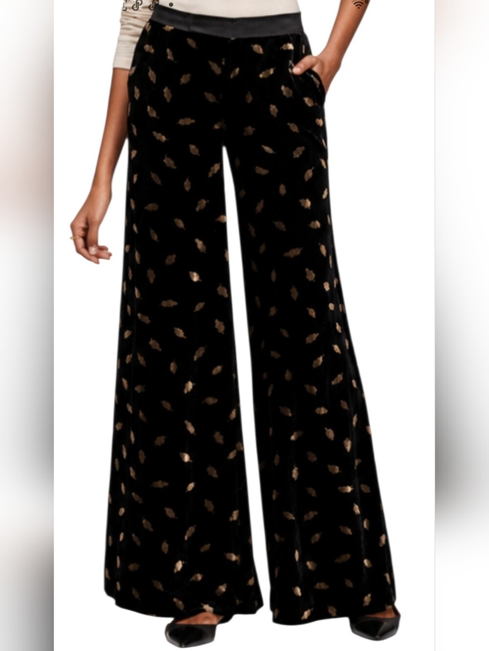 Anthropologie ELEVENESS Wide Leg Velvet Pants with Metallic Leaves.Black/gold. 4